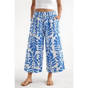 Rachel Zoe 100% Linen Wide-Leg Tropical Print Cropped Pants White Blue Large